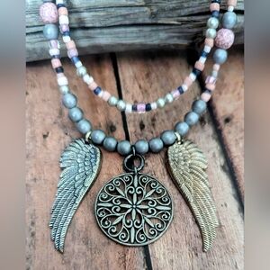 New Handcrafted Original Design Pinks & Grays Necklace W Angel Wings & Circle